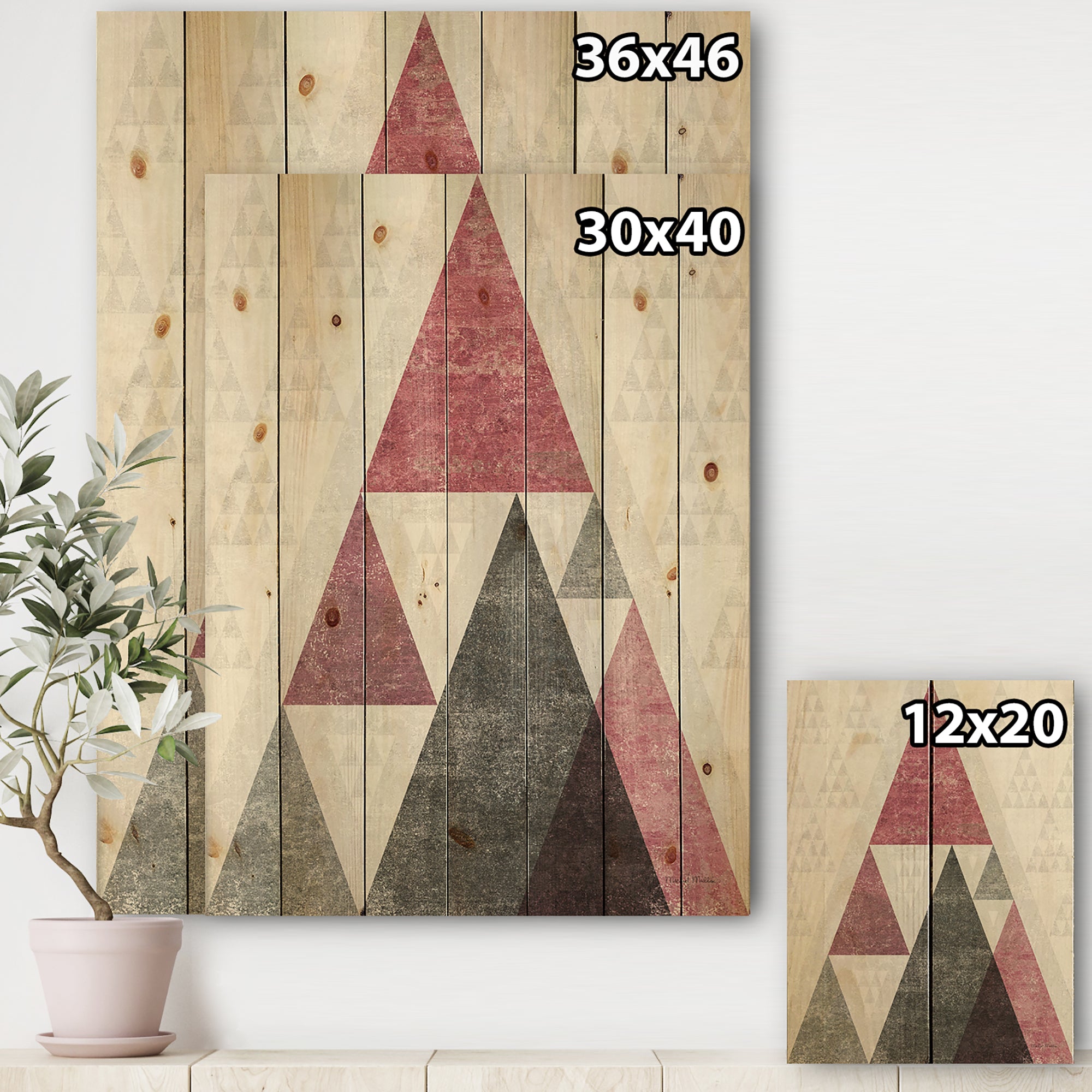 Pink Geometric Mod Triangles II - Mid-Century Transitional Modern Print on Natural Pine Wood - 15x20