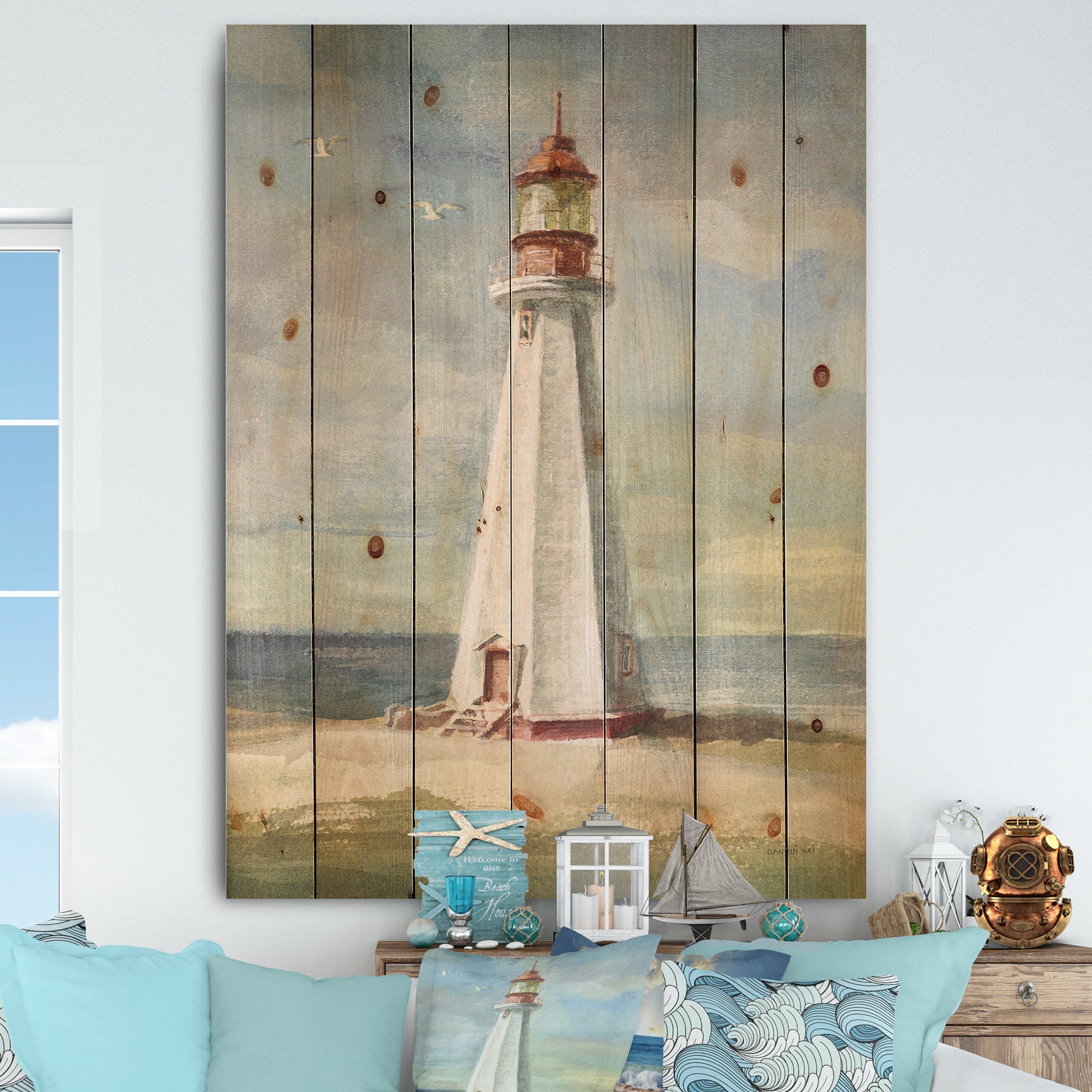 Nautical Lighthouse III - Nautical & Beach Print on Natural Pine Wood - 15x20