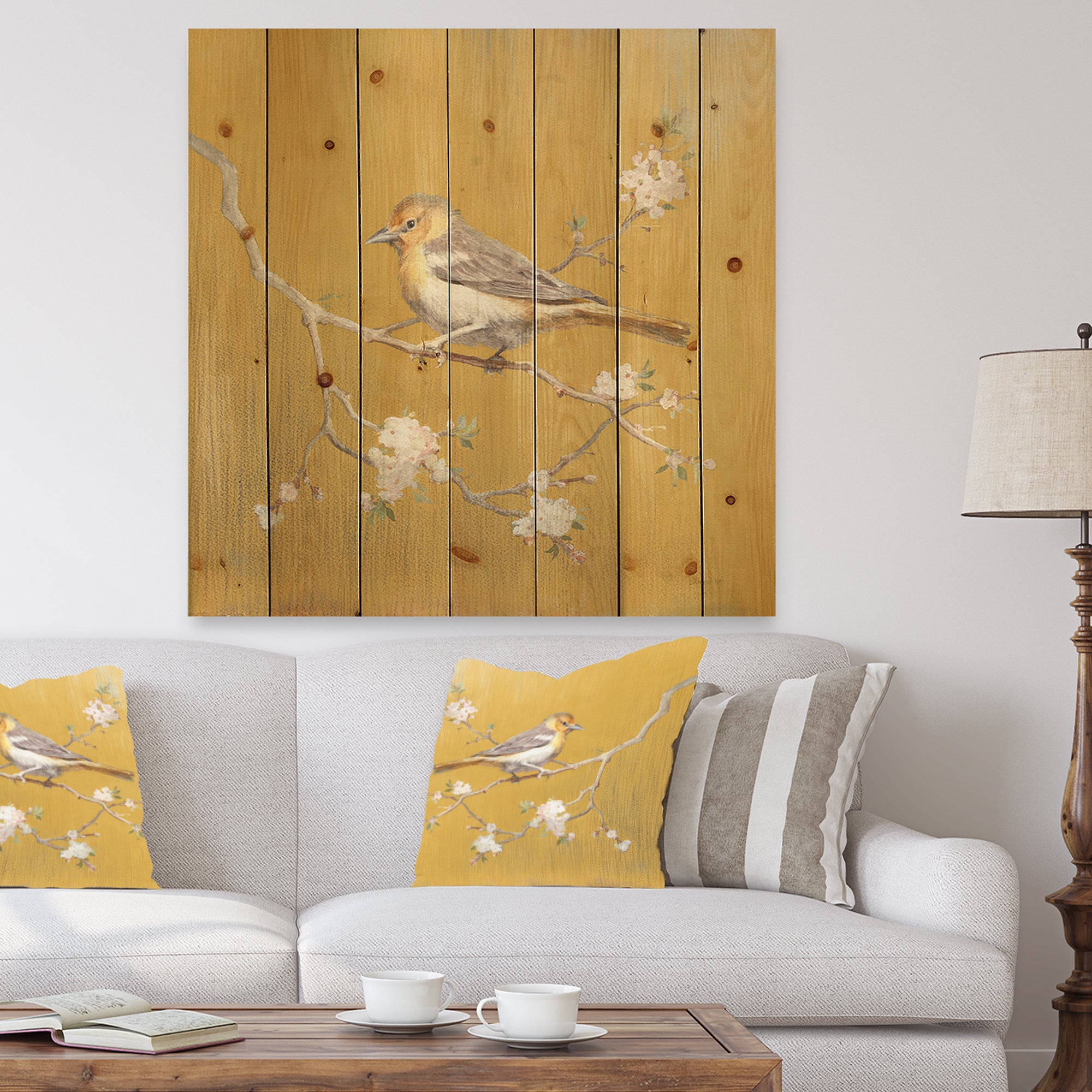 Gold Bird on Blossoms I - Farmhouse Print on Natural Pine Wood - 16x16
