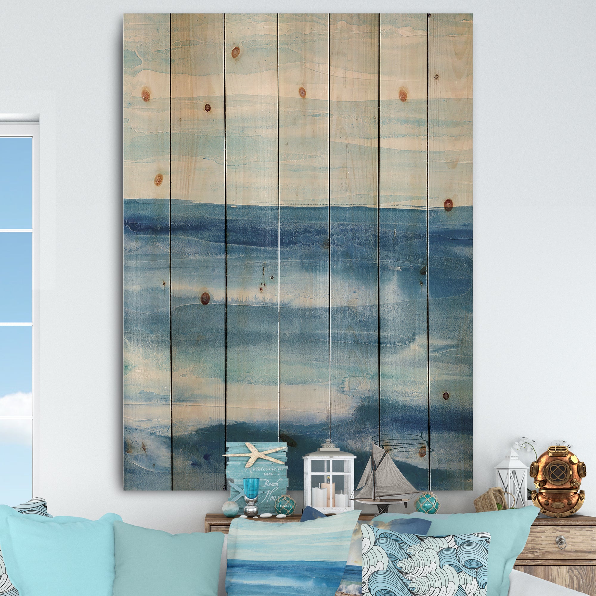 Lost in Blue Panel - Nautical & Coastal Print on Natural Pine Wood - 15x20