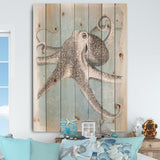 Coastal Sea Life II octopus sketches - Nautical & Coastal Print on Natural Pine Wood - 15x20