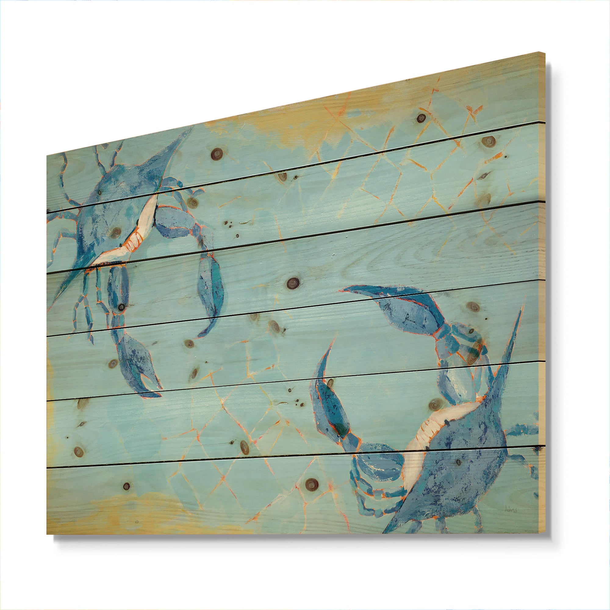 Blue Coastal crab Battle - Nautical & Coastal Print on Natural Pine Wood - 20x15