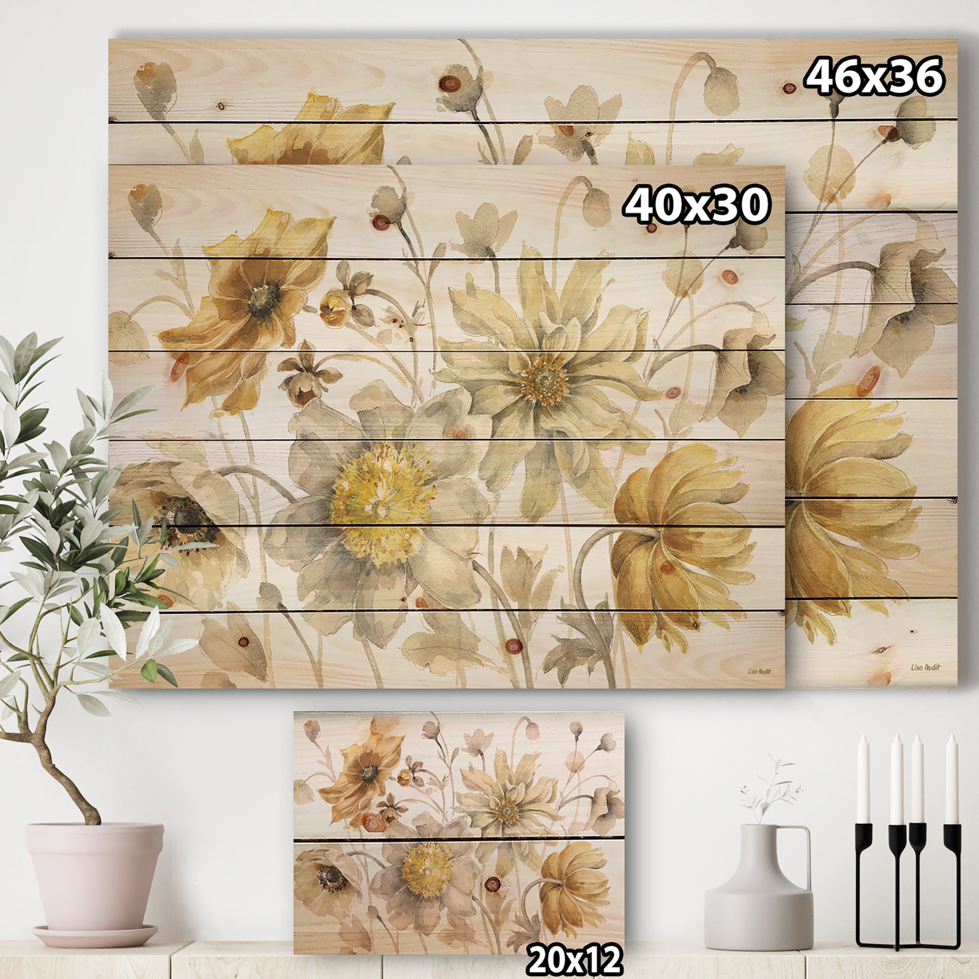 Fields of Gold Watercolor Flower VII - Traditional Print on Natural Pine Wood - 20x15