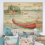 Lake House Canoes II - Lake House Print on Natural Pine Wood - 20x15