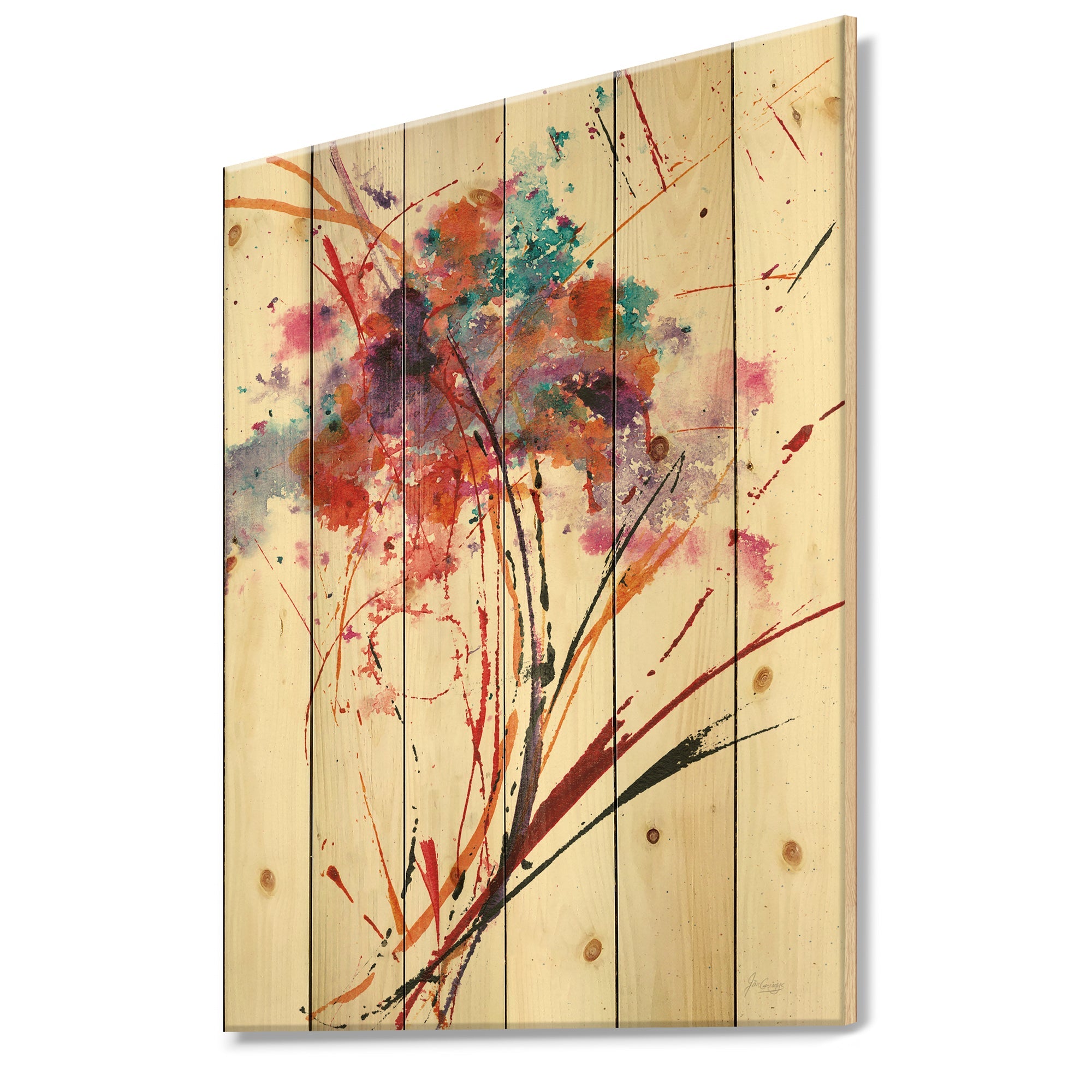 Abstract Red Flowers - Traditional Print on Natural Pine Wood