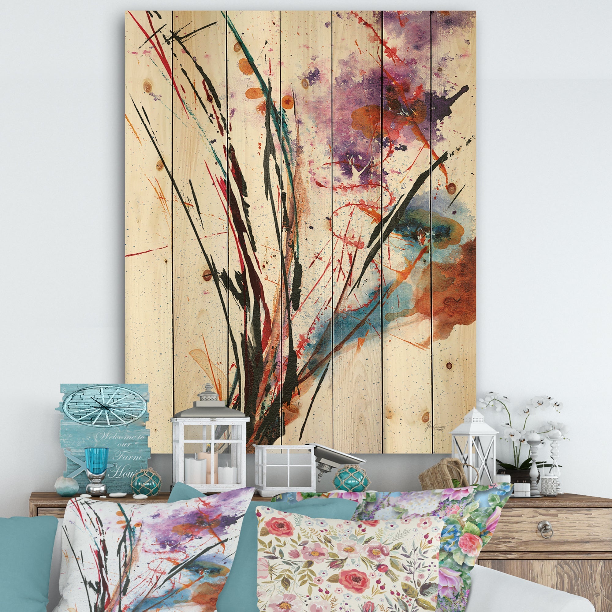 Abstract Purple and Blue Flowers - Traditional Print on Natural Pine Wood