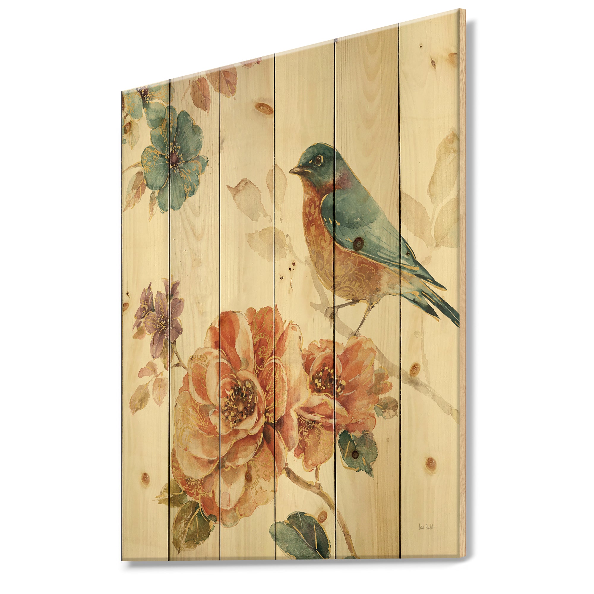 Cottage Bird on Orange Flower Twig - Traditional Print on Natural Pine Wood - 15x20