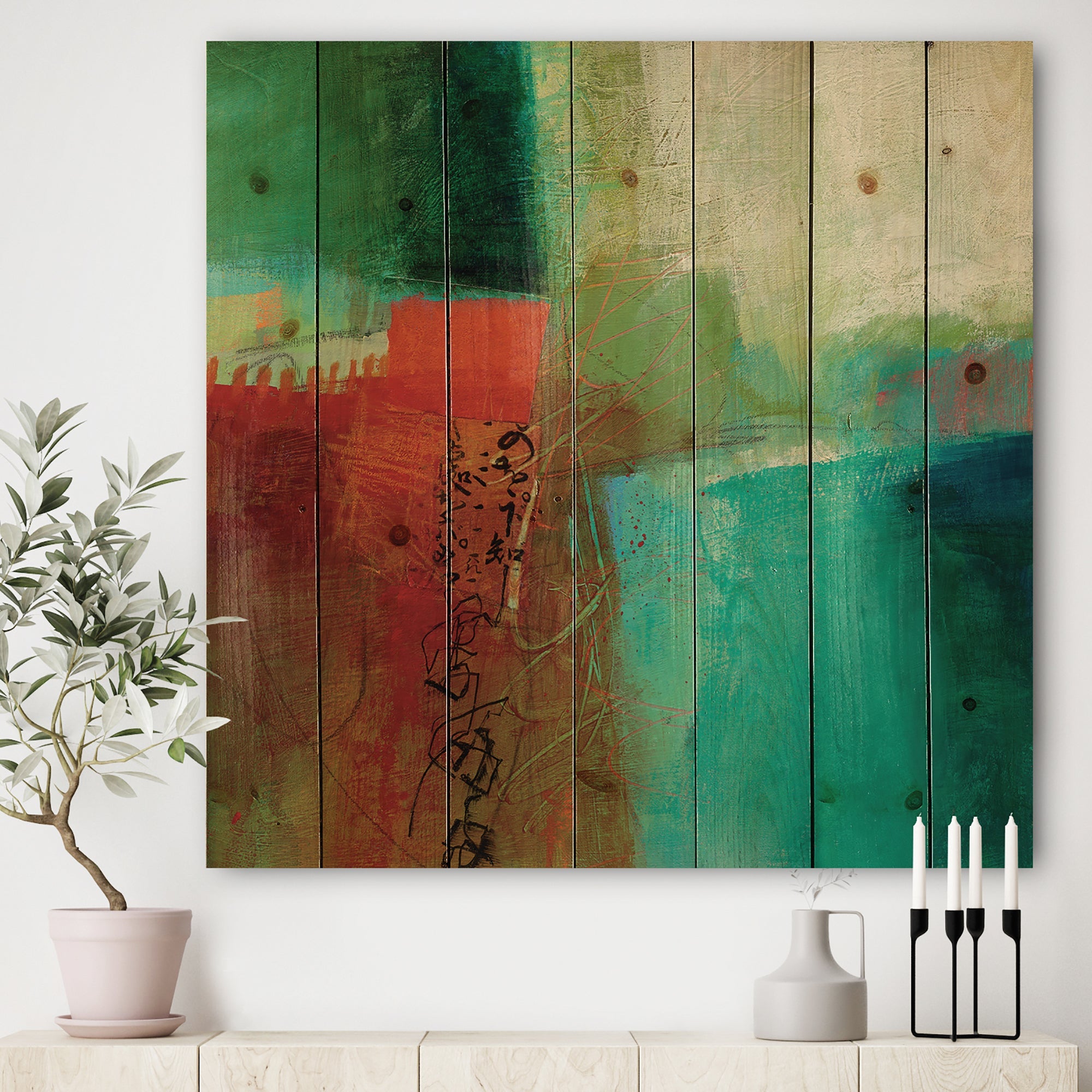 Abstract Impression Of Watercolor Blue And Red - Contemporary Print on Natural Pine Wood