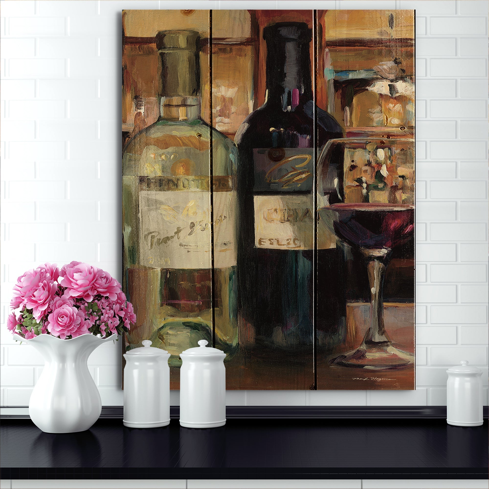 A Reflection of Wine Bottle II - Food and Beverage Print on Natural Pine Wood