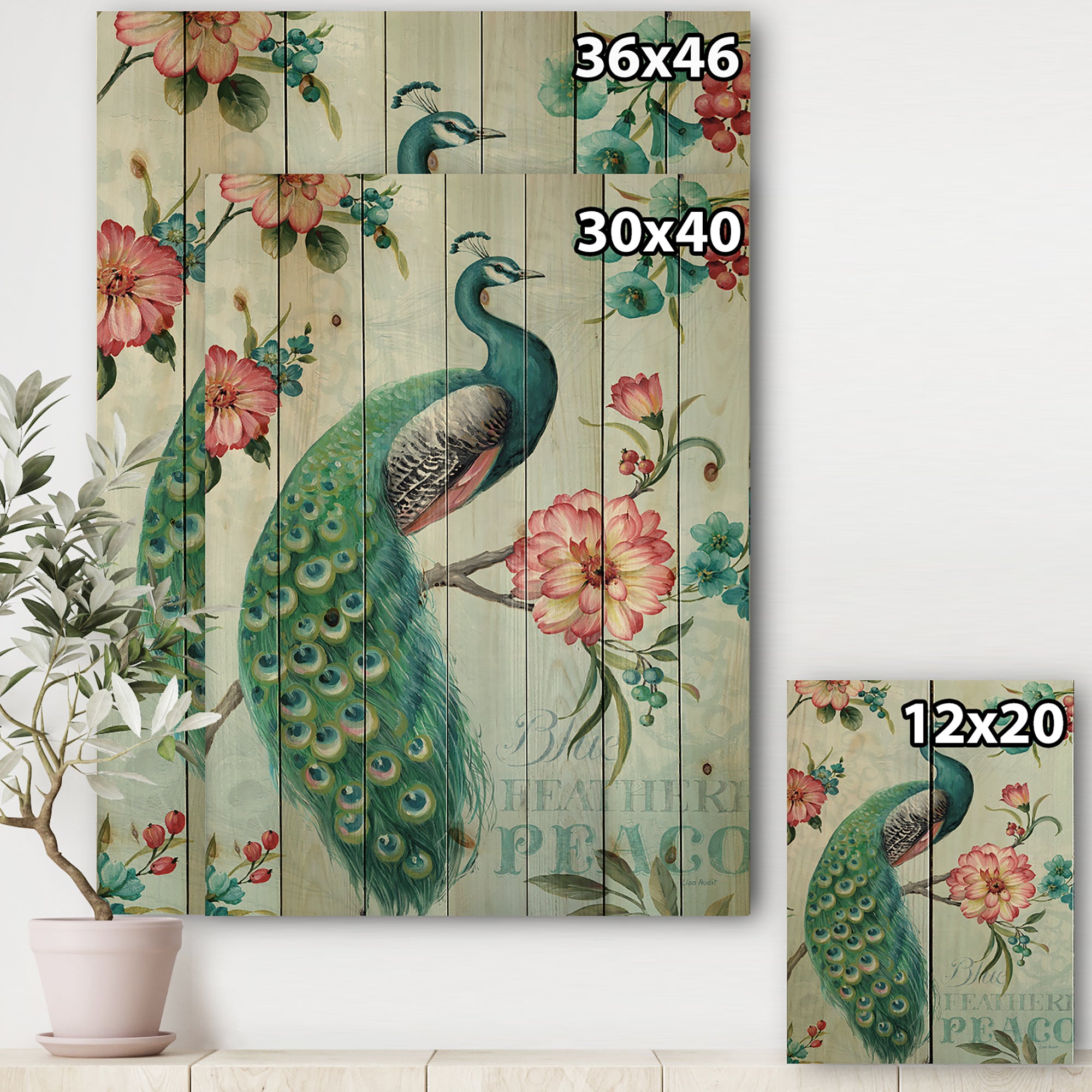 Handpainted Peacock  - Floral and botanical Print on Natural Pine Wood - 15x20