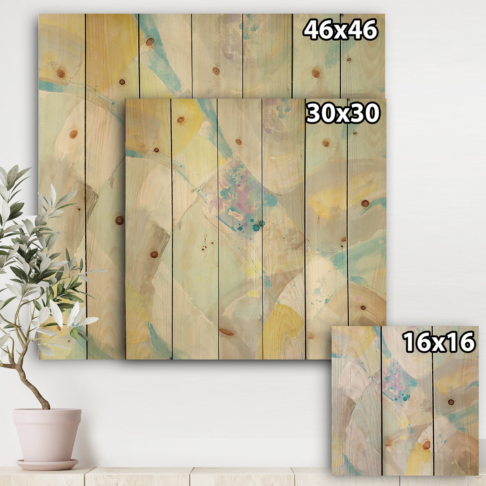 Abstract Compositions of Pastel Blue and Green - Modern & Contemporary Print on Natural Pine Wood