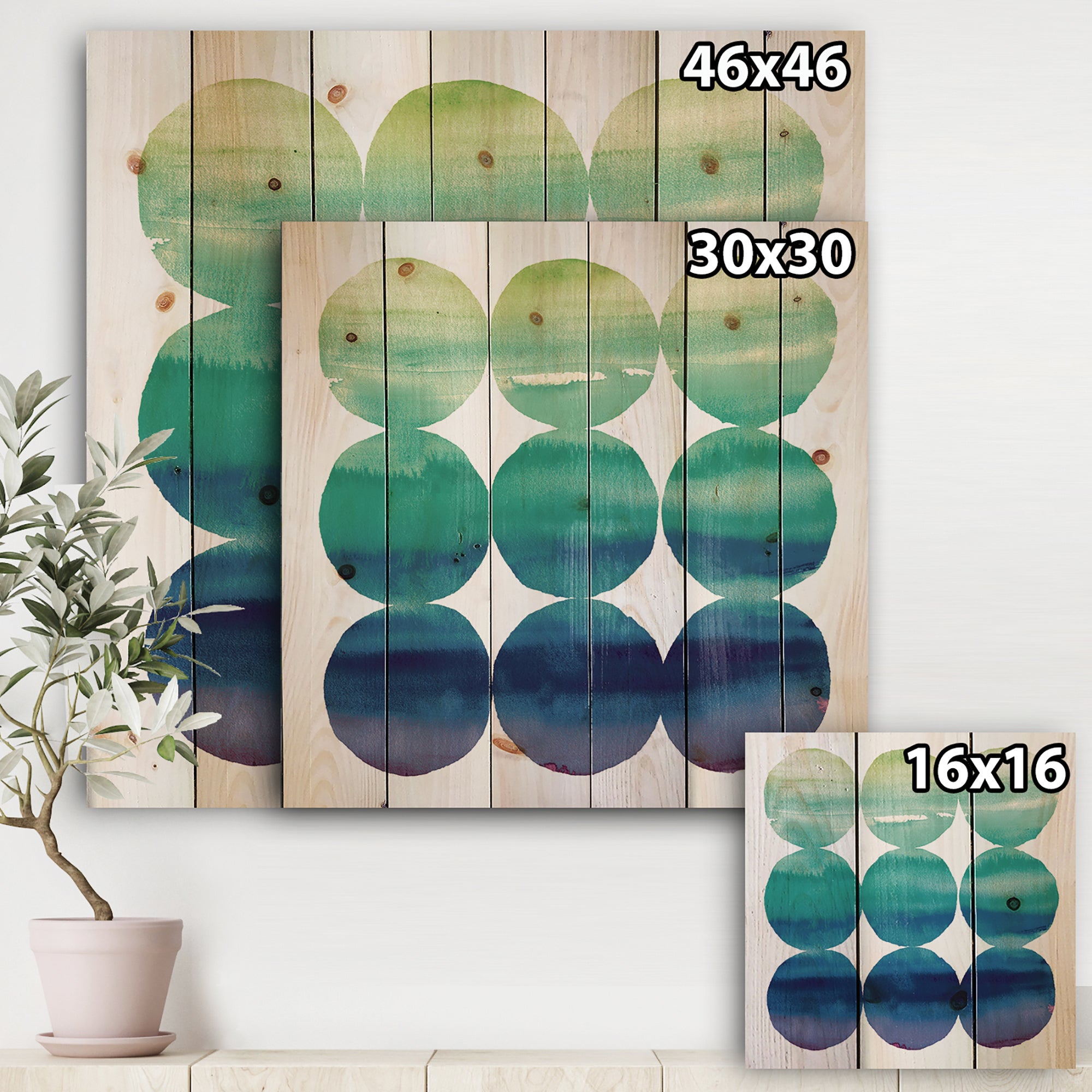 Circle Abstract Blue Colorfields II - Mid-Century Modern Transitional Print on Natural Pine Wood - 16x16