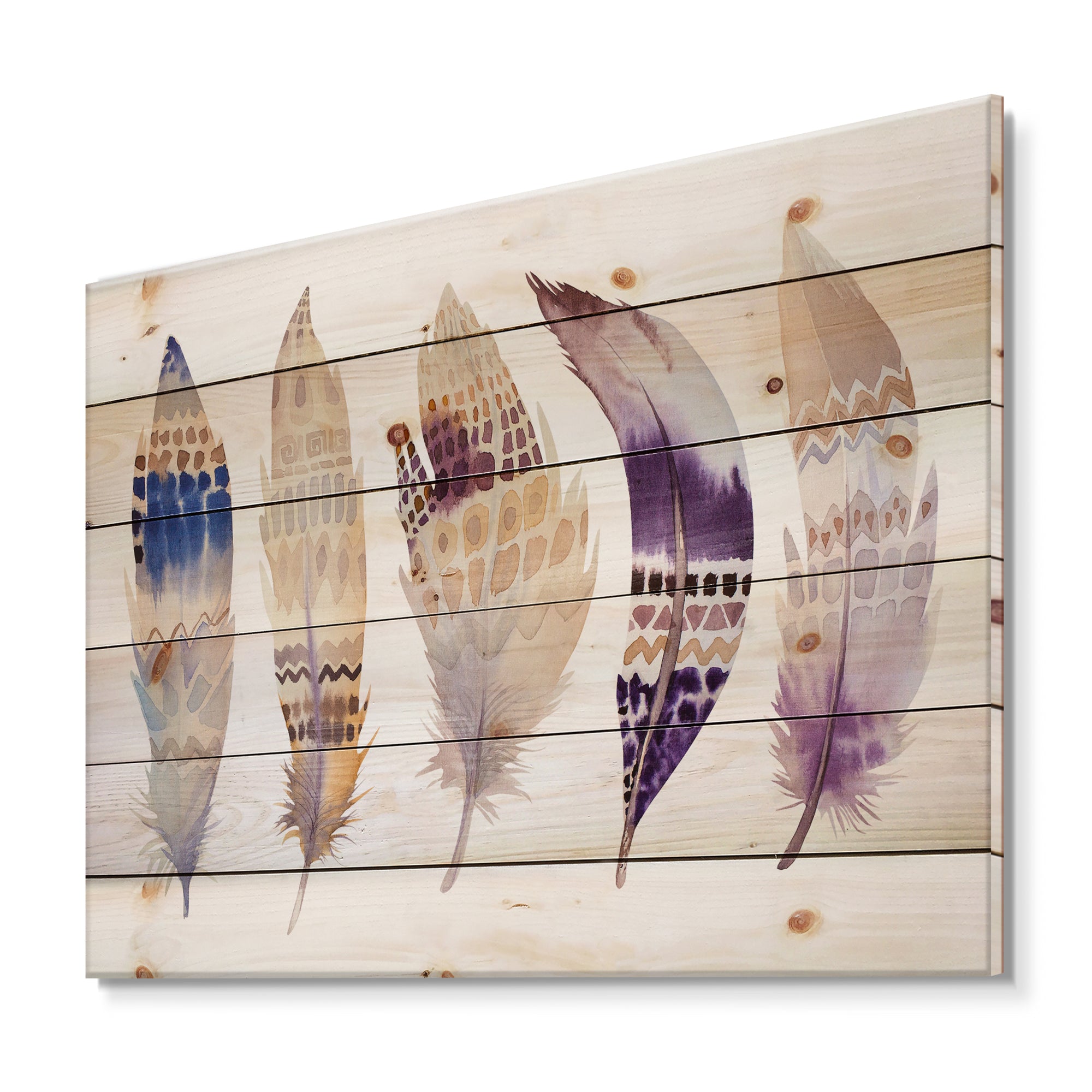 Ethnic Purple Boho Feathers - Bohemian & Eclectic Print on Natural Pine Wood