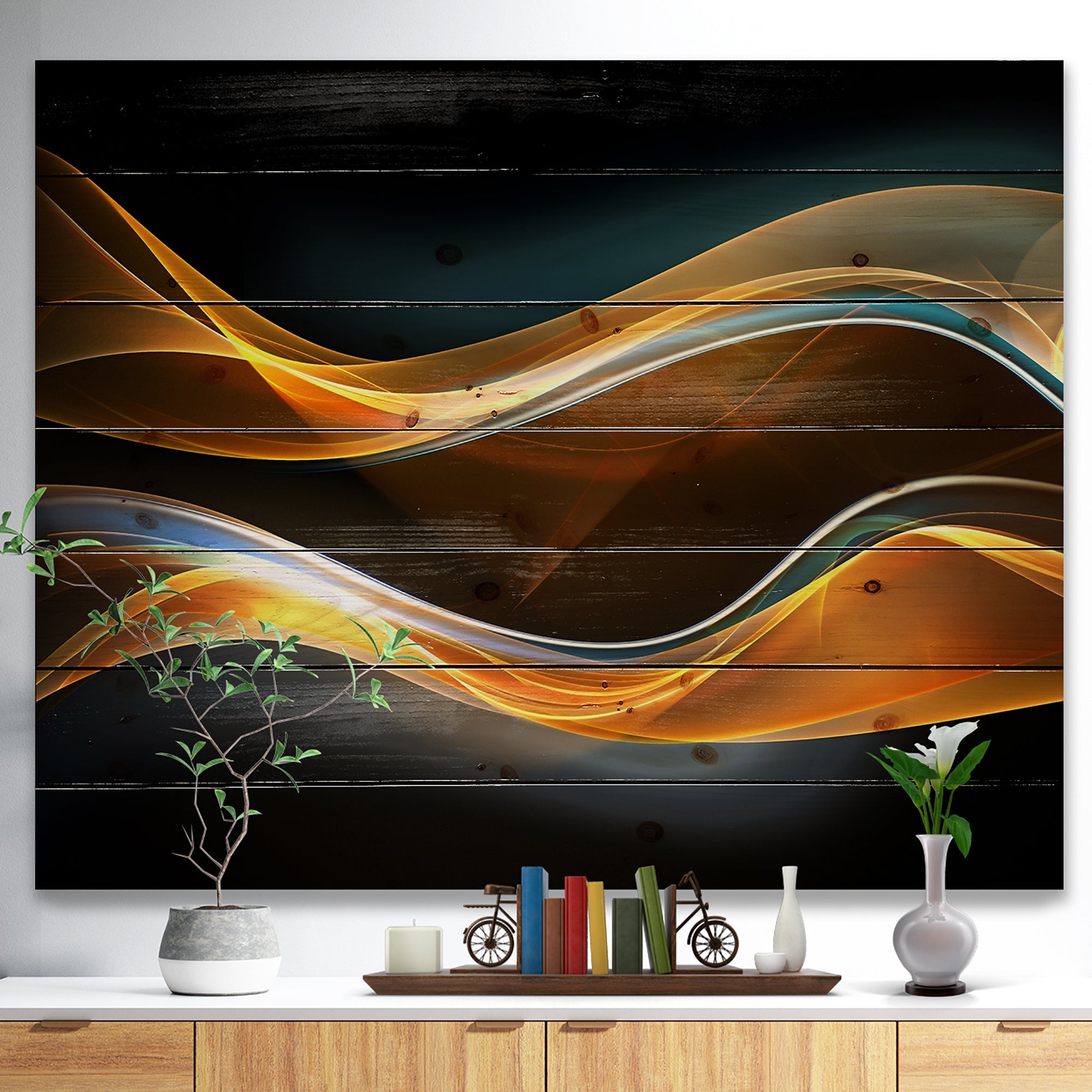 3D Gold Waves in Black - Abstract Print on Natural Pine Wood