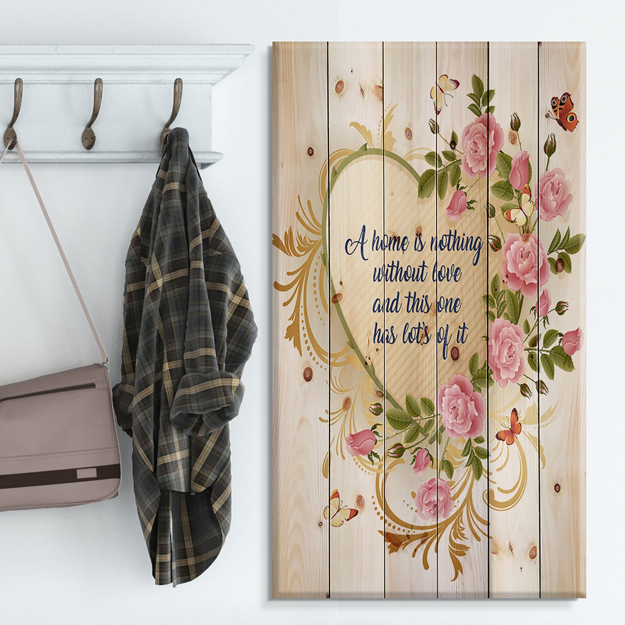 A home is nothing without love. Heart of gold and roses - Textual Entrance Art on Wood Wall Art